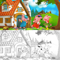 Cartoon scene of two running pigs to the house of their brother - with coloring page - illustration for children
