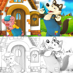 Cartoon scene of a pig near the house talking to wolf - with coloring page - illustration for children