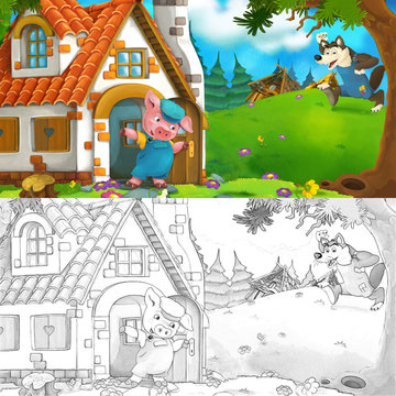 Cartoon scene of two running pigs to the house of their brother - illustration for children © agaes8080