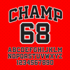 Tackle Twill style Champ typeface. Embroidered sports font. Letters and numbers.