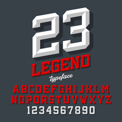 Legend typeface. Beveled sport style retro font. Letters and numbers. - obrazy, fototapety, plakaty