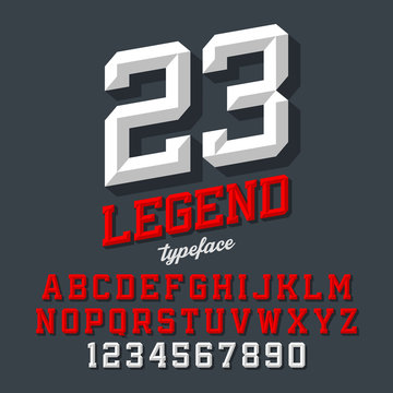 Legend typeface. Beveled sport style retro font. Letters and numbers.
