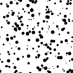 White abstract background with seamless random black circles, dots, film grain, noise, dotwork, grunge texture for design concepts, banners, posters, web, presentations and prints. Vector illustration