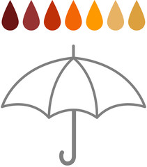 Acid Rain - Rain drops of different colours, through the acid PH spectrum, above the outline of an umbrella