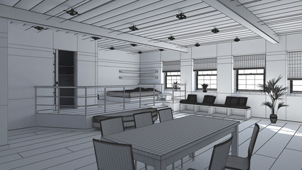 3D Interior rendering of a tiny loft