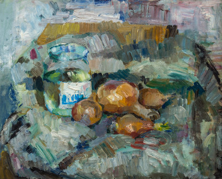 Beautiful Original Oil Painting of  still life  ..pot bulb on fabrics On Canvas in yellow and blue colors in the style of Impressionism