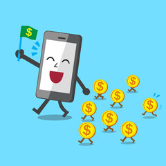 Business concept cartoon smartphone walk with money coins