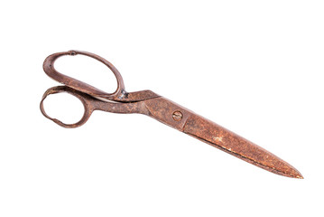 Old rusty scissors isolated on white