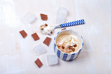 Homemade vanilla and chocolate ice cream with marshmallow, serve