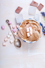 Homemade vanilla and chocolate ice cream with marshmallow, serve