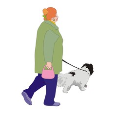 active pensioner woman walking her dog on a leash