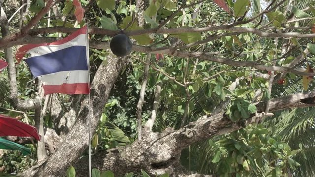 Thailand Flag On The Blue Sea, Sky and Mountains Background