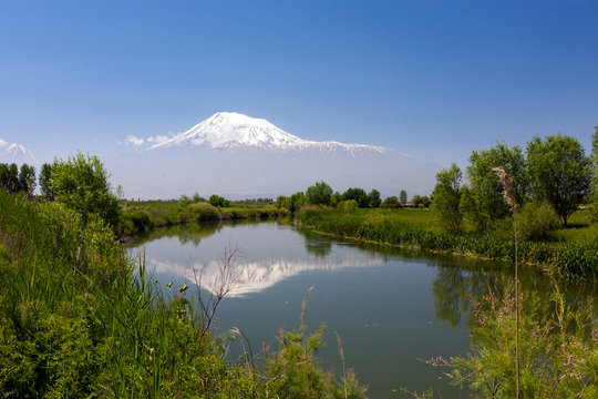 Landscape View Of The Mount Of Ararat Reflected In The River Of The Sev Jur (Black Water)