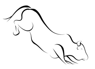 A black and white brush illustration of a bucking bull in a very simply form on a white background