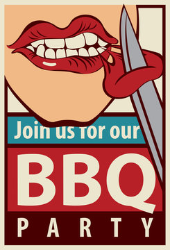 Retro banner barbecue grill party with a human-eating mouth piece of meat with a knife