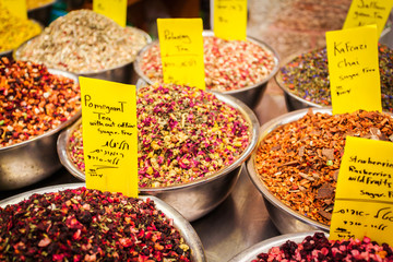 Different kinds of natural tea on the counter market