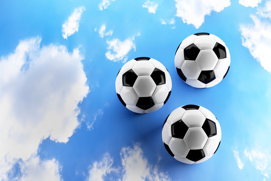 classic soccer ball or football on sky background, 3D rendering or 3D illustration