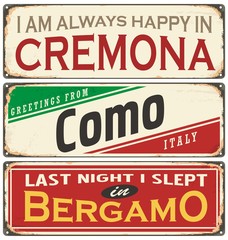 Fototapeta premium Vintage vector souvenir sign or postcard templates with cities in Italy