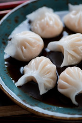 Closeup of steamed dim-sum dumplings served in a soy sauce
