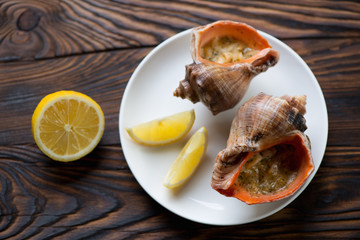 Seafood julienne served in rapana shells with lemon, close-up