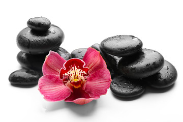 Spa stones and red orchid isolated on white