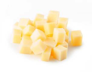 Parmesan cheese cubes on a white background with clipping path.