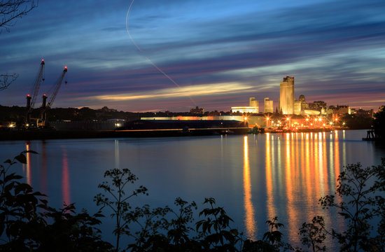 Albany NY night scene city scape from across Hudson River
