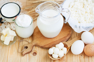 Dairy products on wooden table