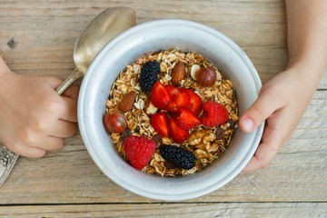 Healthy Breakfast. Homemade granola with nuts, honey and fresh berries - raspberries, strawberries, mulberries, gooseberries
