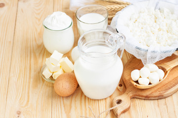 Dairy products on wooden table