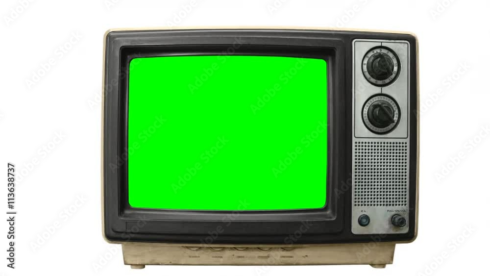 Sticker dirty grungy vintage television on white with zoom into chroma green screen.