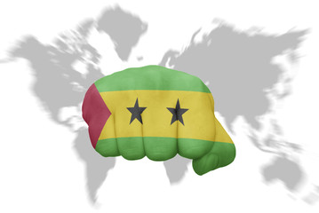 fist with the national flag of zimbabwe on a world map background