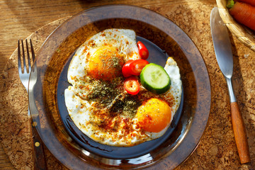 beautiful arrangement of healthy life style vegetarian breakfast on wooden table.