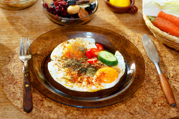 beautiful arrangement of healthy life style vegetarian breakfast on wooden table.