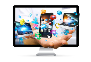 Colorful tech devices and icons applications in businessman hand