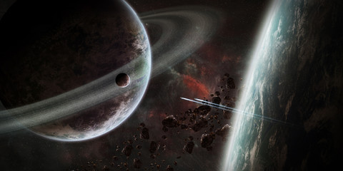 Naklejka premium Sunrise over group of planets in space