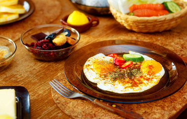 beautiful arrangement of healthy life style vegetarian breakfast on wooden table.