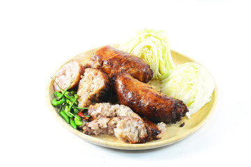 thai style Grilled sausages in dish and Cucumber 