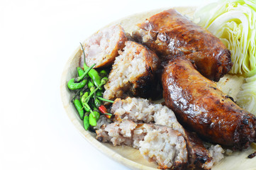 thai style Grilled sausages in dish and Cucumber 