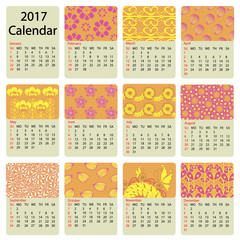 colorful calendar 2017 hand painted in the style of floral patterns and doodle. First day Sunday. Ornate, elegant and intricate style.