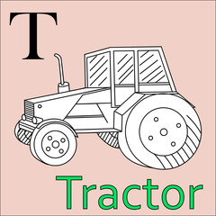 T letter. Vector alphabet. Coloring book tractor