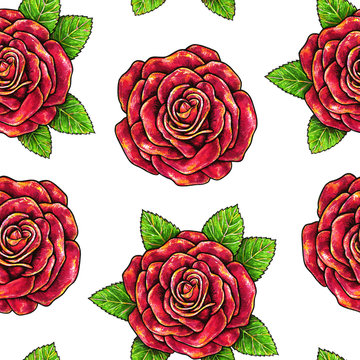 Drawn red roses seamless background. Flowers illustration front view. Handwork by felt-tip pens. Pattern in retro vintage style for design