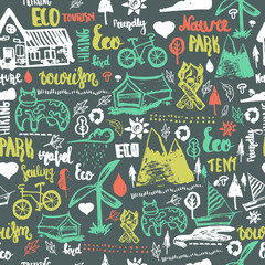 Eco travel seamless pattern. Ecology concept with lettering and hand drawn elements.