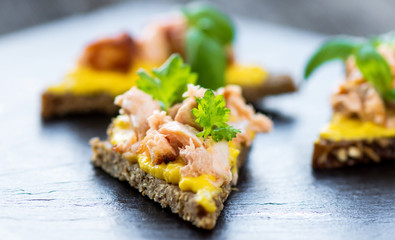  Slice of bread with smoked salmon, tapas 