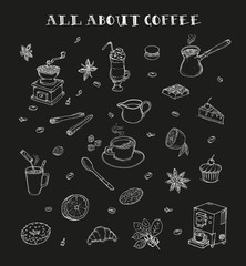 All about coffee. Coffeeshop. Coffee mill, cezve, coffee mashine, instant coffee. Methods making coffee. Desserts for coffee. Flavoring. Doodle set. Isolated