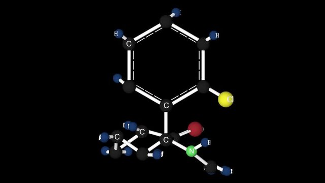 Ketamine molecule structure. Molecular structure of ketamine, drug, 3D animation. Alpha channel.
