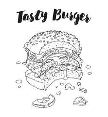 Bitten burger. Tasty burger. Restaurant brochure vector, menu design. Vector cafe template with hand-drawn graphic. Food flyer. Vector. Isolated.
