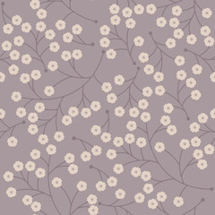 Cute seamless pattern with small pink  flowers on purple  backgr