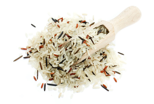 Mixed rice in wooden spoon scoop on white background