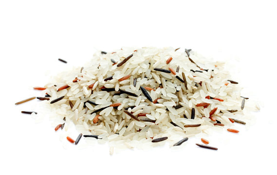 Color mix gourmet white, brown, red, wild rice on white background